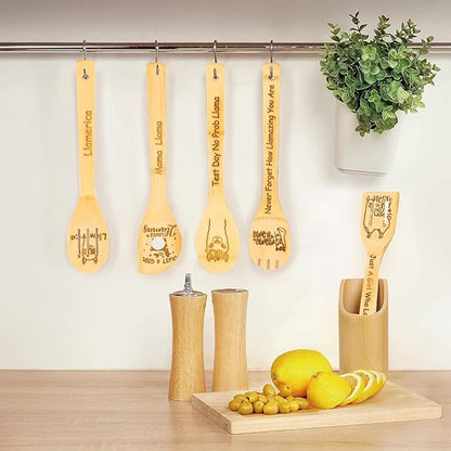 5PCS Llama Wooden Cooking Spoons Llama Gifts Llama Decor Llama Gifts for Women Llama Kitchen Decor Gifts for Llama Lovers llamas Stuff Housewarming Wedding Cooking Bamboo Cooking Spoons