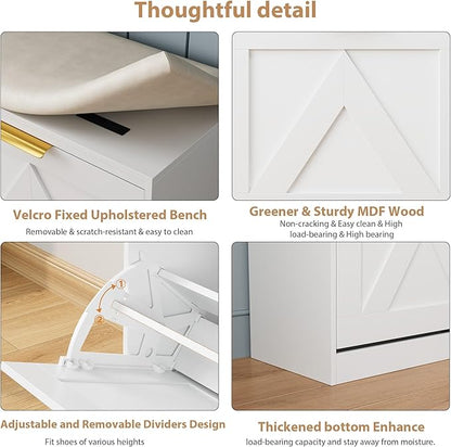 Garvee Shoe Storage Cabinet with Bench, 4 Flip-Drawer Entryway Shoe Organizer with Adjustable Left/Right Cushioned Seat & Removable Shelves, Narrow Hallway Storage for 35-40 Pairs, White