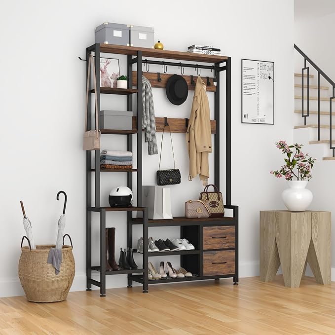Hall Tree for Entryway 43", Bench with Shoe Storage, Large Coat Rack Shoe Bench with 5 Tier Shelves, 5 in 1 Design Front Door Shoe Rack and Wall Rack Hooks, and 2 Drawers (Rustic Brown)