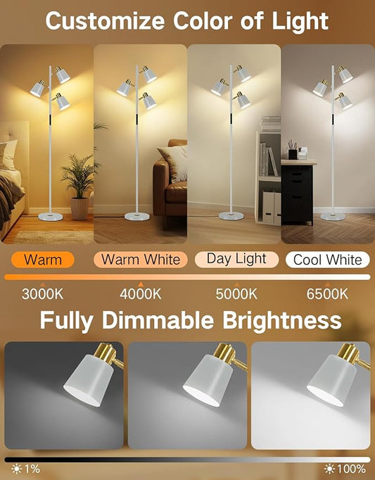 OUTON LED Tree Floor Lamp, Modern Dimmable Standing Lamp with Remote & Touch Control, 4 Color Temperatures, 3 Rotatable Lights Floor Lamps for Living Room, Bedroom, Office, Grey & Gold