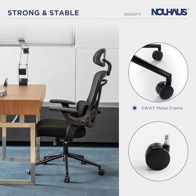 Nouhaus Ergo Fit Ergonomic Mesh Office Chair High Back Adjustable Lumbar Support Headrest and Adjustable Flip-up Armrests, Comfy Desk Chairs Swivel Computer Gaming Chair Tilt Function(N20, Black)