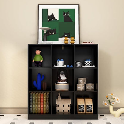 Black Bookshelf, Wooden Bookshelf with Base, Cube Storage Organizer, Bookcase for Living Room,Bedroom,Study and Office(Black, 9-Cube)