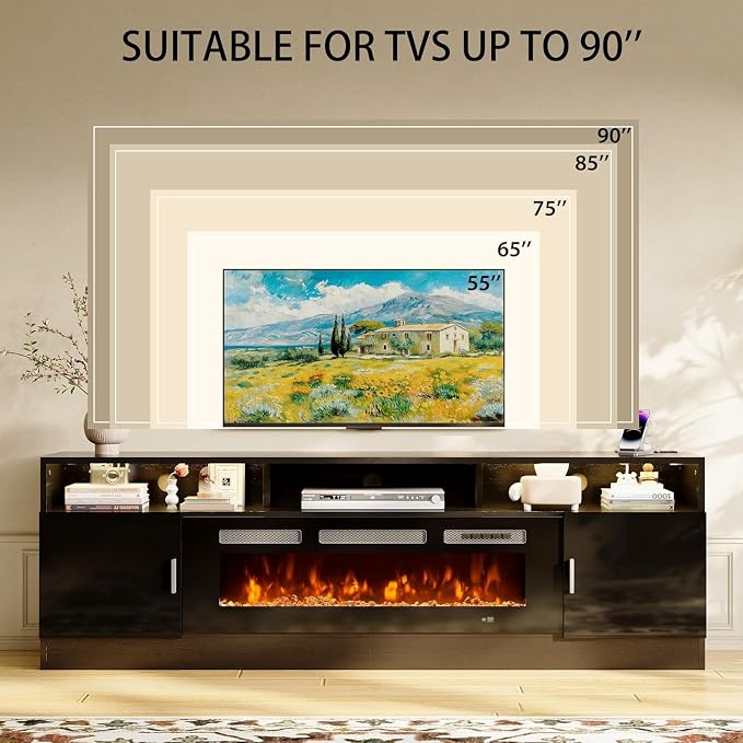 MXV 78" Fireplace TV Stand with Power Outlet for TVs UP to 90", Electric Fireplace Entertainment Center with LED Lights & Storage Cabinets, TV Console for Living Room, Office, Black-Black