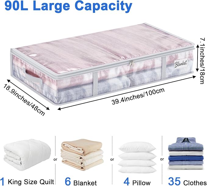 Fixwal 4pcs 90L Under Bed Storage Containers Bins Clear Closet Underbed Organizers and Storage for Blanket, Clothing, Sweaters, Pillows, Linen Sheets with Sturdy Handle and Zippers
