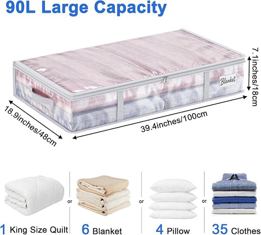 Fixwal 4pcs 90L Under Bed Storage Containers Bins Clear Closet Underbed Organizers and Storage for Blanket, Clothing, Sweaters, Pillows, Linen Sheets with Sturdy Handle and Zippers