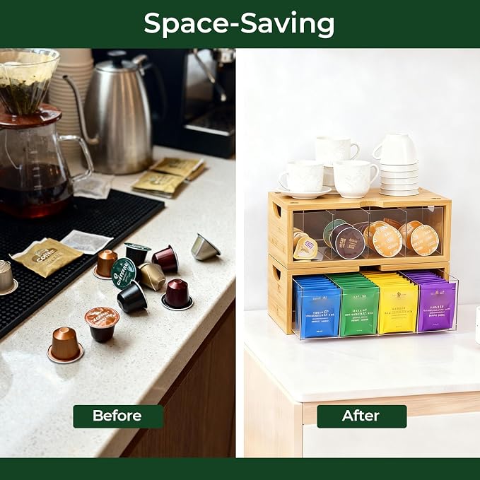 Stackable Bamboo Tea Box Organizer (Set of 2) - Large Capacity Tea Bag Storage Holder for Pantry & Cabinet - Multipurpose Tea Chest - Sustainable Kitchen Drawer & Office Breakroom Decor