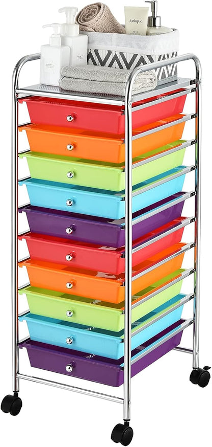RELAX4LIFE 10 Drawer Rolling Cart, Slim Storage Cart w/Lockable Wheels for Classroom School Teacher Office, Art Supplies Paper Scrapbook Craft Organizers, Utility Cart with Drawers (Multicolor)