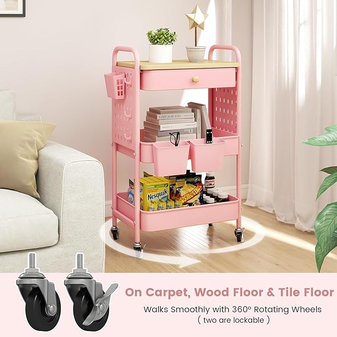 danpinera 3 Tier Rolling Cart, Metal Storage Cart with Drawer, Wooden Tabletop & DIY Pegboards, Utility Carts on Wheels with Hooks & Hanging Cups, Mobile Storage Organizer Trolley for Kitchen, Office