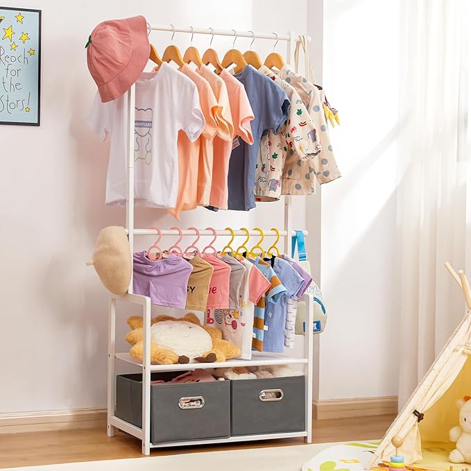 Kids Clothing Rack Bamboo with 2 Storage Baskets and 2 Adjustable Hanging Rods,Child Garment Holder with Shelf, Dress up Stand for Playroom,Toddlers Bedroom (White)