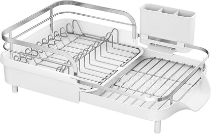 SAYZH Dish Drying Rack - Expandable Dish Rack for Kitchen Counter, Rust-Resistant Dish Drainer with Utensil Holder and Raised Guardrail, Kitchen Organizer for Cup and Bottle (White)