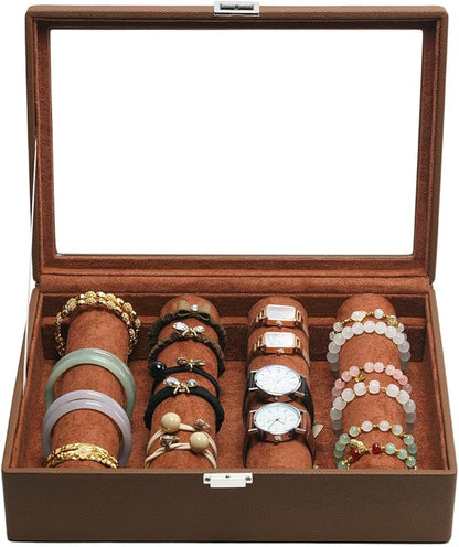 Bracelets Organizer Rods Bangles Display Holder, Clear See through Lid Leather Velvet Jewelry Storage Box Case for Women, 4 Rods Brown Leather