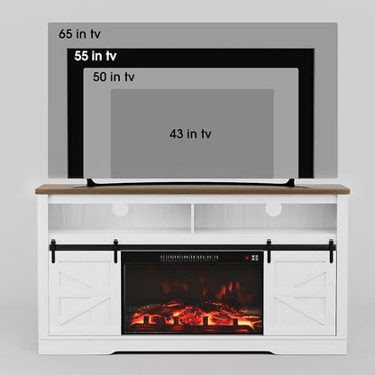 JUMMICO Fireplace TV Stand for 65+ Inch TV with 26'' Fireplace Entertainment Center with Storage Cabinet and Adjustable Shelves Media Console with Sliding Barn Door for Living Room (Milk White)