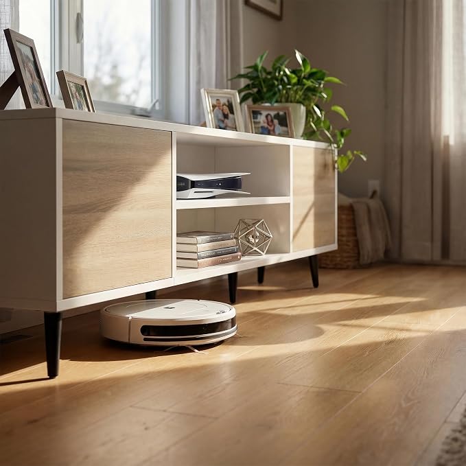 JUMMICO Mid-Century Modern TV Stand for 55-65 Inch TVs, 58 Inch Media Console with Storage, Entertainment Center with Push-Open Cabinets and Cable Management for Living Room(Oak, 58 Inches)