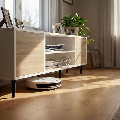 JUMMICO Mid-Century Modern TV Stand for 55-65 Inch TVs, 58 Inch Media Console with Storage, Entertainment Center with Push-Open Cabinets and Cable Management for Living Room(Oak, 58 Inches)