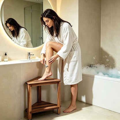 IBosins Corner Shower Stool with Storage Shelf Shower Foot Rest for Shaving Legs Small Bench for Inside Shower to Sit on Bath Seat - Acacia Wood, 16.1in
