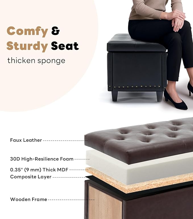 Tbfit 50.8“ Large Ottoman Storage Bench for Bedroom, Oversized Tufted Upholstered Entryway Benches End of Bed, Rectangle Dorm Foot Stool with Safety Hinge & Solid Wood Legs, Loads 660 lb, Dark Brown
