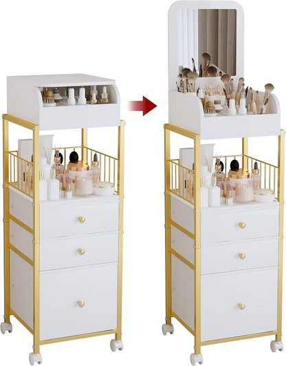 Makeup Cart Organizer with Mirror, Floor Makeup Organizer Large- Make Up Organizers Vanity Cart Cosmetic Display Cases Holder for Skin Care Perfume Nail Polish Brush Hair Tool (Gold)