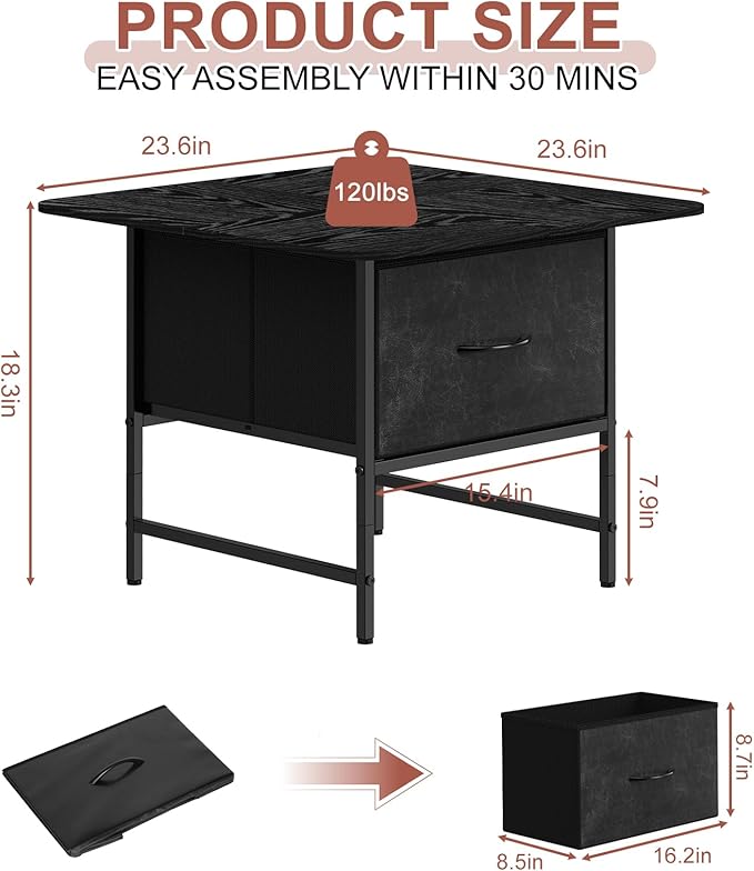 Shinoske Square Coffee Table with Storage Drawer,Small Black Coffee Tables for Living Room,2-Tier Farmhouse Center Table with Round Corners for Small Space,Apartment,Office