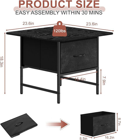 Shinoske Square Coffee Table with Storage Drawer,Small Black Coffee Tables for Living Room,2-Tier Farmhouse Center Table with Round Corners for Small Space,Apartment,Office