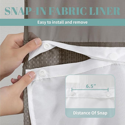 Brown No Hook Waffle Weave Shower Curtain with snap-in Liner Replacement, 230GSM Waterproof Fabric Hotel Shower Curtain Set for Bathroom, Through Mesh Top Window,71Wx74H