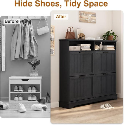 Shoe Storage Cabinet with 4 Flip Drawers, Farmhouse Modern Hidden Shoes Rack Cabinet with Adjustable Shelves & Open Storage, Narrow Slim Shoe Organizer for Front Door Entrance, Entryway, Hallway,Black