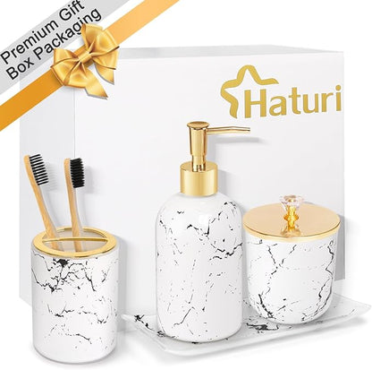Haturi Glass Bathroom Accessories Set – 4-Piece Marble-Style White and Gold Bathroom Set with Soap Dispenser, Toothbrush Holder, Jar with Lid – Elegant Glass Design for Modern Vanity Décor