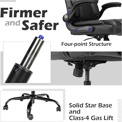 OUTFINE Flip-up Arms Office Chair 300lbs Executive Chair Swivel Office Chair with hydrolysis-Resistant Leather Spring Cushion Thick Padding and Ergonomic Design (Black, Flip Arm Medium)