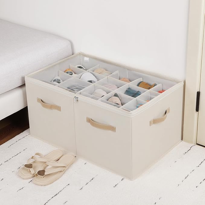 TOPIA HOME Shoe Organizer for Closet, Foldable Shoe Box with Adjustable Dividers and Clear Cover, Space Saving Shoe Storage Organizer Cabinet with Reinforced Handles, Fits 20 Pairs, Beige TP10Y