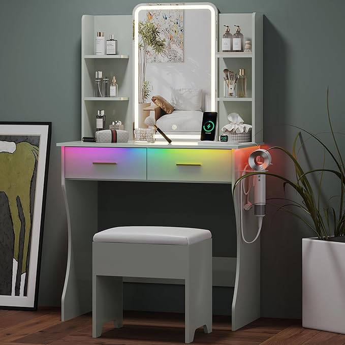Small Vanity Desk with Mirror and Lights, Makeup Vanity with LED Lights, Green Vanity Mirror with Lighted Desk and Chair, 3 Lighting Adjustable Compact Dressing Table with Mirror for Women, Girls