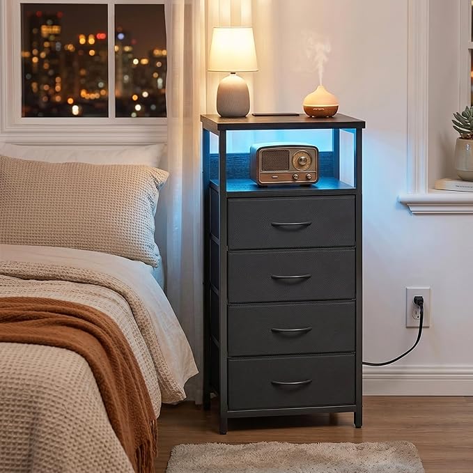 Fixwal Night Stand with Charging Station, Tall Nightstand with U-S-B Ports and Outlets, 4 Fabric Storage Drawers with PU Finish, Small Dresser Bed Side Table, Black