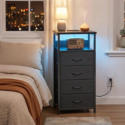 Fixwal Night Stand with Charging Station, Tall Nightstand with U-S-B Ports and Outlets, 4 Fabric Storage Drawers with PU Finish, Small Dresser Bed Side Table, Black
