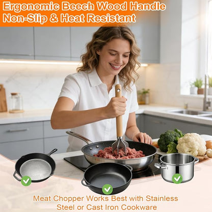 Palksky Ground Beef Masher, Stainless Steel Hamburger Smasher Tool with Wooden Handle, 6-Blade Heavy-Duty Kitchen Tool for Beef, Turkey, Potatoes & More