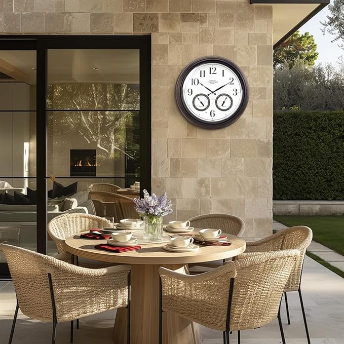 Presentime & Co 18" Illuminated in/Outdoor Clock with Smart Sensor and Night Light, Waterproof, Large Wall Clock with Thermometer & Hygrometer, for Garden and Patio - Oil Rubbed Bronze