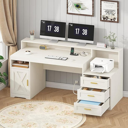 TVU Farmhouse Computer Desk with Drawers, 65'' Home Office Desk with Power Outlets, Storage Cabinet and Printer Stand, Study Writing Desks with Long Monitor Stand, White