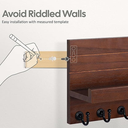 Mail and Key Holder for Wall: Easy Installation Modern Mail Holder Wall Mount Key Shelf for Hallway Living Room House Decoration (Brown)