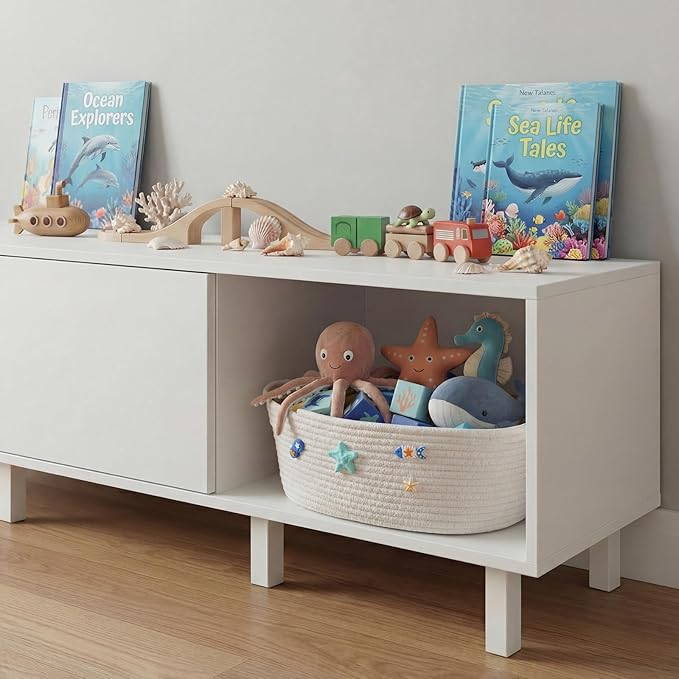 Remerry Boho Coastal Toilet Paper Storage Basket Beach Ocean Bathroom Accessories White Cotton Rope Bin with Starfish Organizer Decor for Toilet Closet Nursery Organizing 12 x 8 x 5 Inch