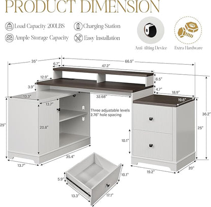 67" L Shaped Executive Desk with Drawers & Storage Shelf, Corner Computer Desk with Power Outlets, Home Office Desk with Monitor Stand, Printer Shelf, Computer Writing Desk for Work, Antique White