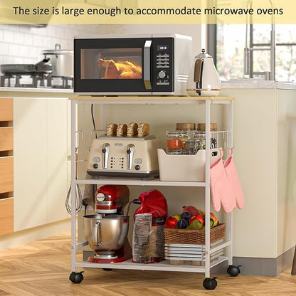 ThreeHio Rolling Kitchen Microwave Cart, 3 Tier Microwave Table Stand with Storage, Kitchen Utility Cart on Lockable Wheels, Small Coffee Station Shelf Rack Organizer for Living Room Office, Balcony