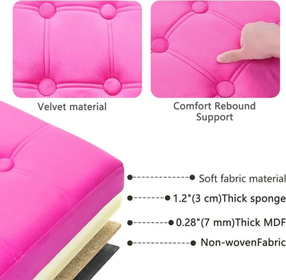 AmasSmile® Storage Ottoman Foot Rest Stool, 34 inch Velvet Footstool Bench, Short Ottoman Stool, Small Folding Storage Ottoman Store Books, Records, Rose