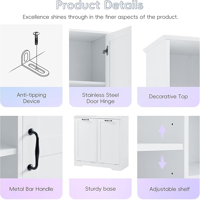 Merax Tall Storage Cabinet with Door and Open Shelf, Multi-Functional Laundry Hamper Basket for Home Bathroom, Laundry Room, White