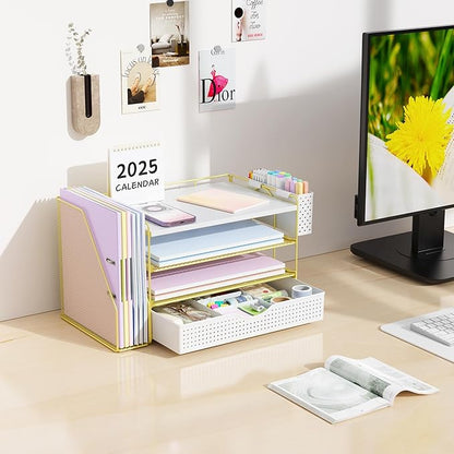 gianotter Wood Desk Organizers and Accessories with File Holder, 4-Tier Desk Accessories & Workspace Organizers with Drawer and Pen Holder, Paper Organizer for Office Supplies (Gold)