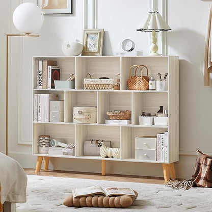 LEYAOYAO 10 Cube Bookshelf, 3 Tier Vintage 55" Wide Bookcase with Legs, Mid-Century Bookshelves Storage, Light Grey White Large Book Case, Freestanding Organizer Display Shelf for Living Room, Office
