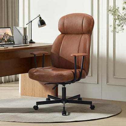 High Back Office Desk Chair, Breathable Ergonomic Leather Chair with 5-Layer Seat Cushion with 135°Reclining Lumbar Support Adjustable Height Rolling Swivel Executive Armrests Chair, Brown