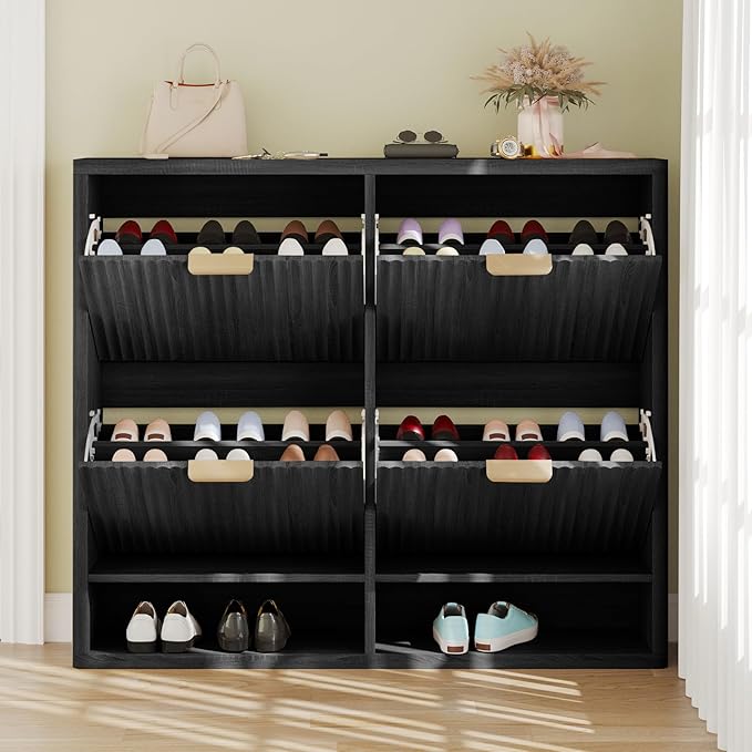 Shoe Storage Cabinet for Entryway with 4 Flip Drawers, 47.2" Large Modern Freestanding Shoe Organizer with Fluted Doors & Hidden Shoe Rack - Slim Enclosed Shoe Rack for Hallway (Black)
