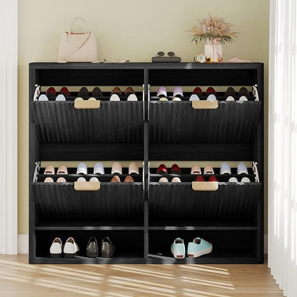 Shoe Storage Cabinet for Entryway with 4 Flip Drawers, 47.2" Large Modern Freestanding Shoe Organizer with Fluted Doors & Hidden Shoe Rack - Slim Enclosed Shoe Rack for Hallway (Black)