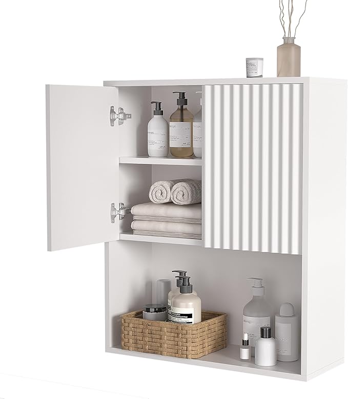 Fluted Bathroom Wall Cabinet Over The Toilet Storage,Wall Mounted Cabinet with Adjustable Shelf,Floating Cabinet Organizer Hanging Cabinet,Kitchen and Laundry Room Cabinets (White,1 PC)
