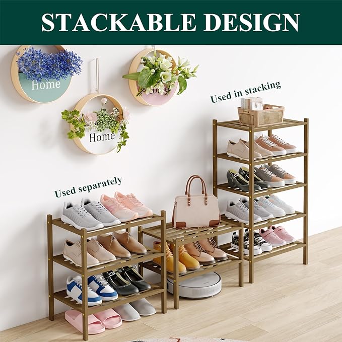 Smiry Small Bamboo Shoe Rack 4-Tier, Stackable Wooden Shoe Organizer for Entryway & Closet, Free Standing Wood Shoe Storage Shelf for Front Door & Small Spaces, Walnut
