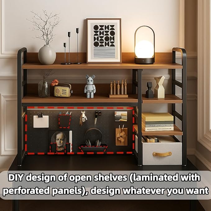 Desktop Bookshelf, pegboard Storage and Organization Rack, Dorm Desk Shelf, Desk Hutch, Desktop Storage for Office, Study, Student Display Rack,Desktop Shelves (Black+Walnut 53.1" Lx9.9 Wx37 H)