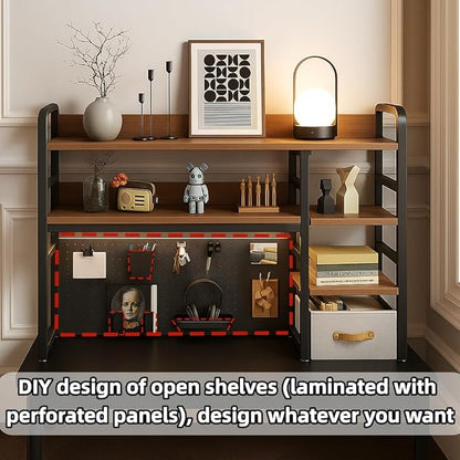 Desktop Bookshelf, pegboard Storage and Organization Rack, Dorm Desk Shelf, Desk Hutch, Desktop Storage for Office, Study, Student Display Rack,Desktop Shelves (Black+Walnut 37.4" Lx9.9 Wx37 H)