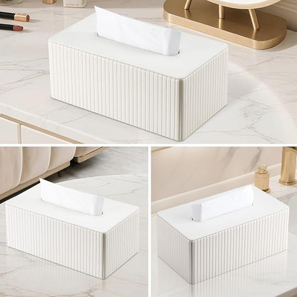 KINGFOM PU Leather Tissue Box Cover Rectangular Tissue Box Holder with Magnetic Bottom, Napkin & Facial Tissue Holder Dispenser for Home, Office (Decorative Pattern-PU Leather, Off-White Stripe)
